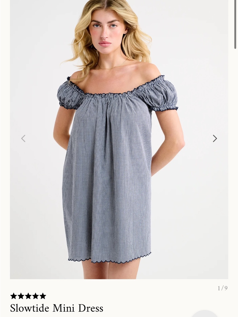 Rumored Blue Gingham Off-Shoulder Mini Dress